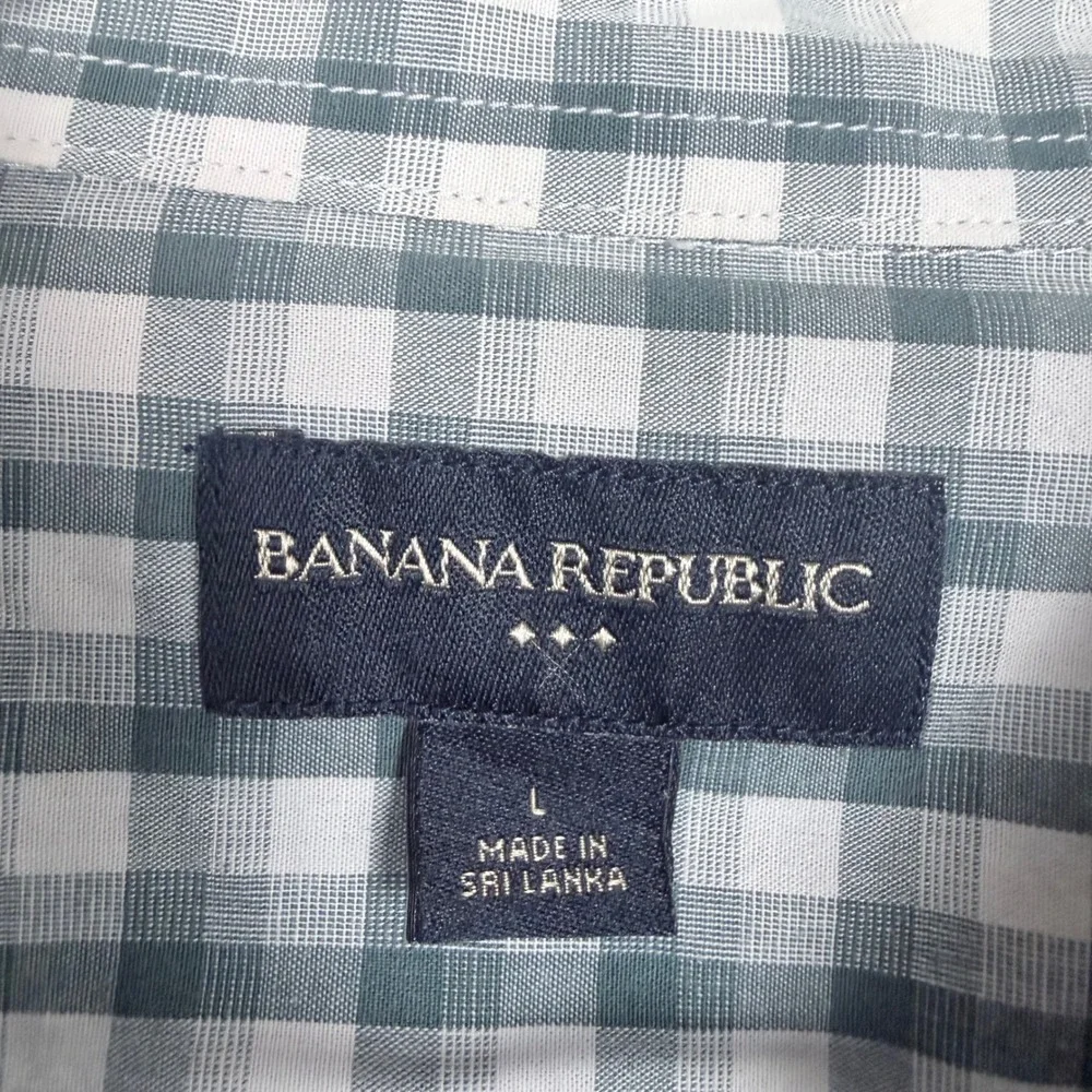 Banana Republic Mens Large Gingham‎ Check Button Down Shirt Green White Cotton